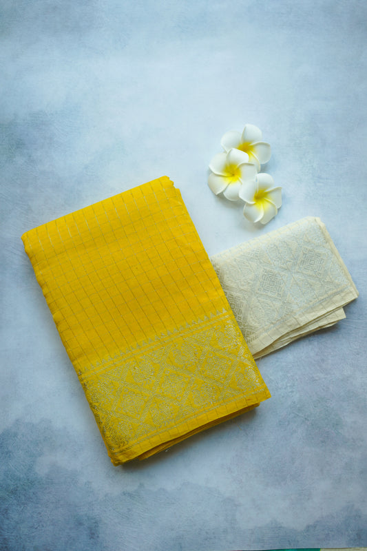 Sungudi cotton silver zari - yellow and white