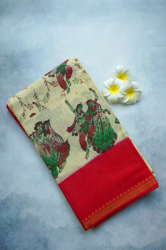 radha-krishna printed red border with blouse