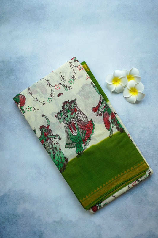 Radha krishna print - Green border with blouse