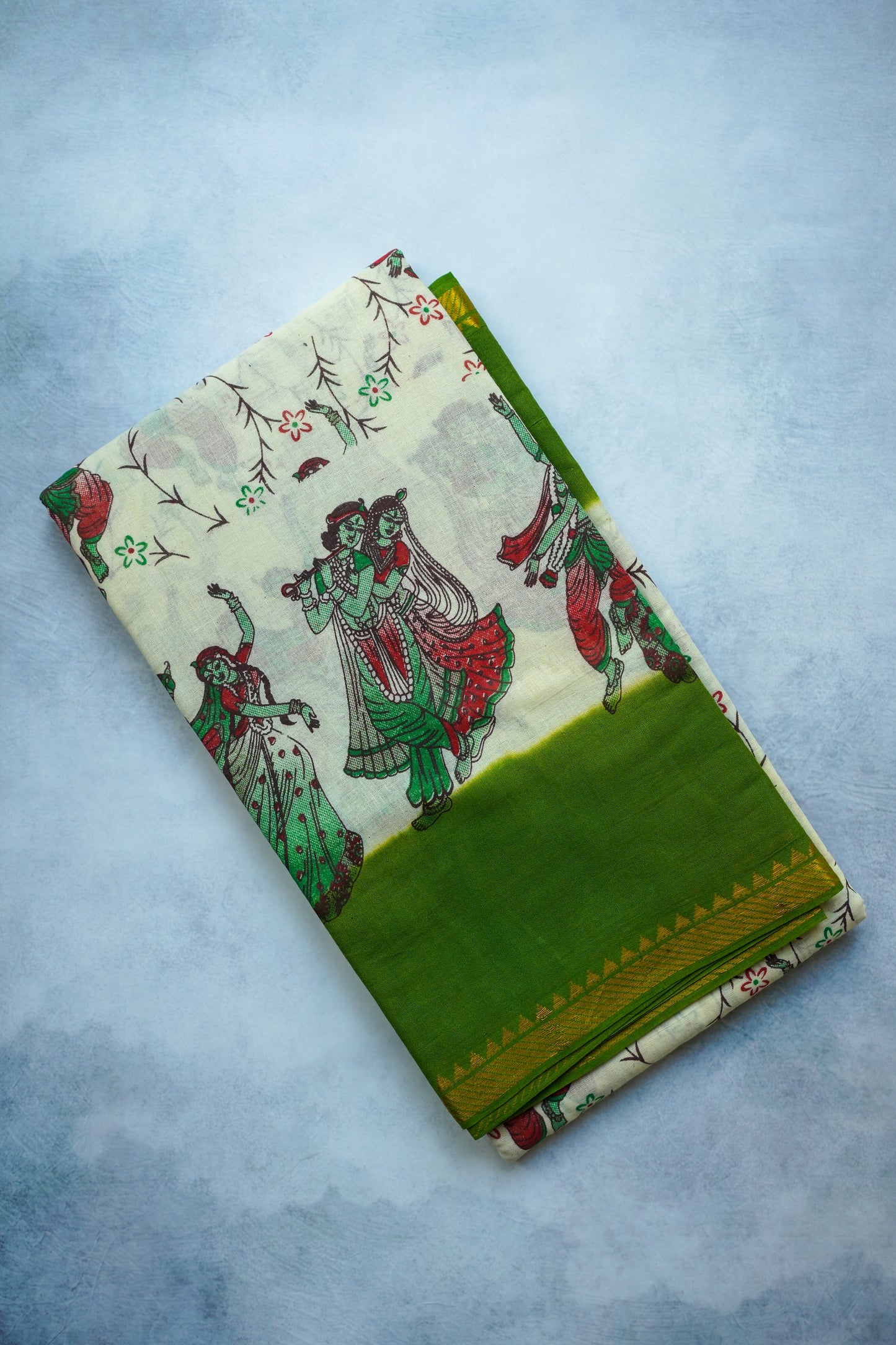 Radha krishna print - Green border with blouse -Sungudi saree